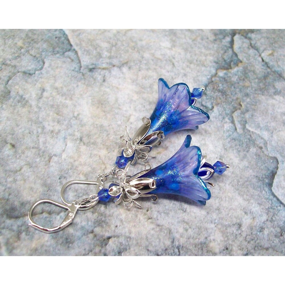 Blue Flower Earrings Dangle, Silver, Hand Painted, Artisan Crafted Floral Jewelr